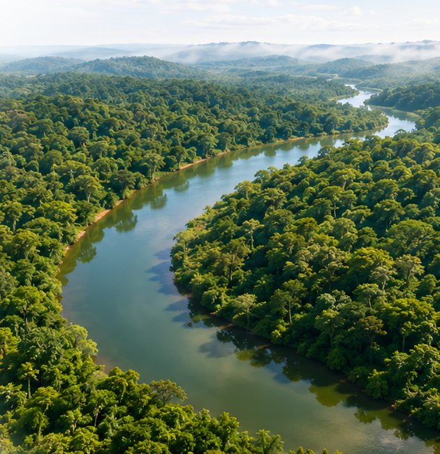 Floresta nativa cortada por um rio, vista aérea