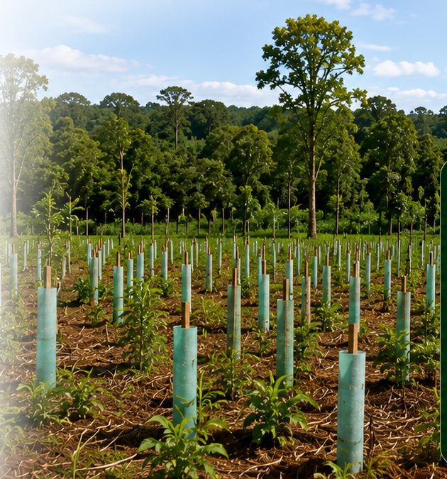 Mudas de árvores plantadas em área de restauração